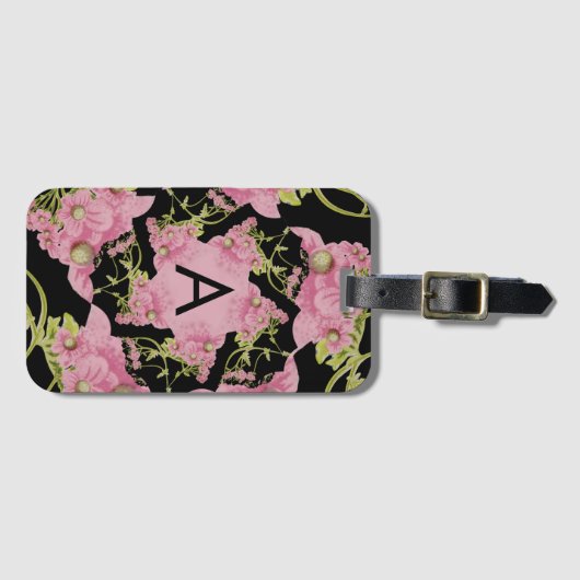 Monogram roze en zwarte Achillea Bagagelabel (Voorkant (horizontaal))