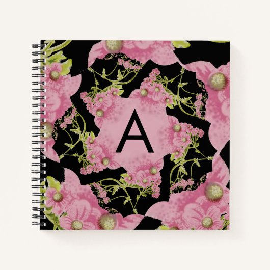 Monogram roze en zwarte Achillea Notitieboek (Voorkant)