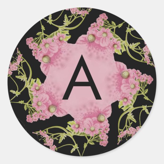 Monogram roze en zwarte Achillea Ronde Sticker (Voorkant)