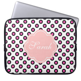 monogram roze en zwarte cirkel polka stipt laptop sleeve