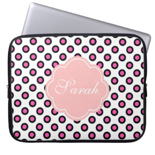 monogram roze en zwarte cirkel polka stipt laptop sleeve