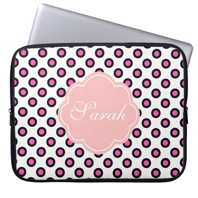 monogram roze en zwarte cirkel polka stipt laptop sleeve (Voorkant)