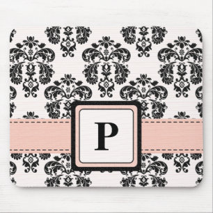 Monogram Roze en Zwarte Damask Muismat