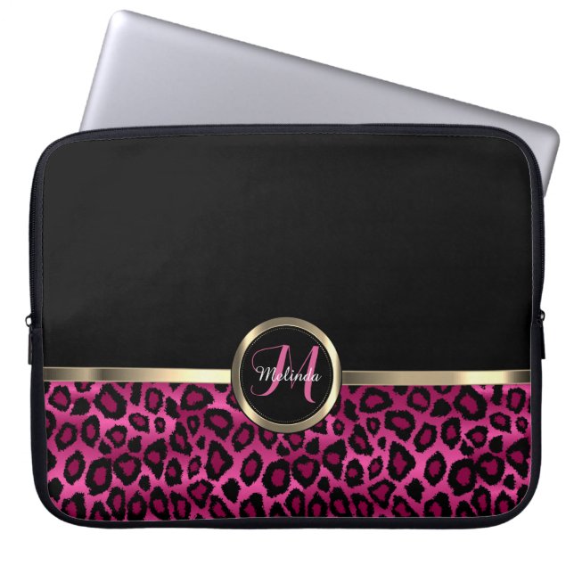 Monogram roze en zwarte luipaard met Gold Accents Laptop Sleeve (Voorkant)