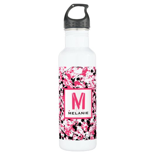 Monogram roze en zwarte schilferkapier waterfles  (Voorkant)