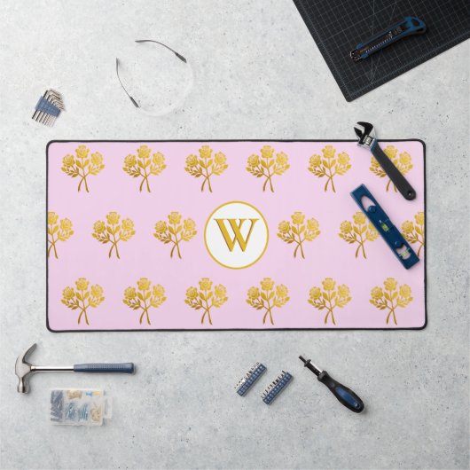  Monogram Roze Faux Gold Rozen Bloemen Bureaumat (Werkstation)