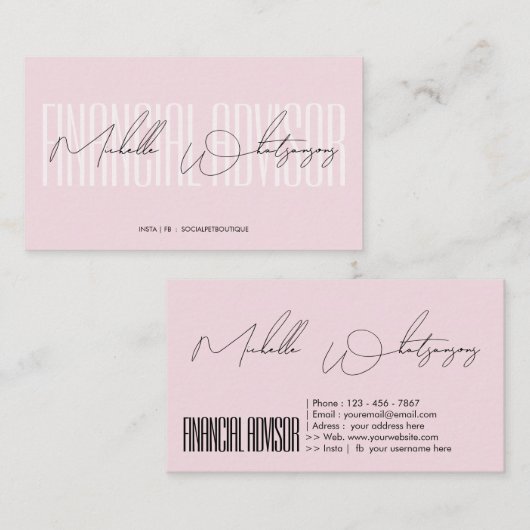Monogram roze FINANCIËLE ADVISEUR modern script Visitekaartje (Voorkant / Achterkant)