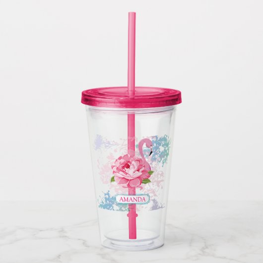 Monogram roze flamingo acryl drinkbeker (Voorkant)