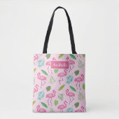 Monogram roze flamingo en tropische bladeren tote bag (Voorkant)