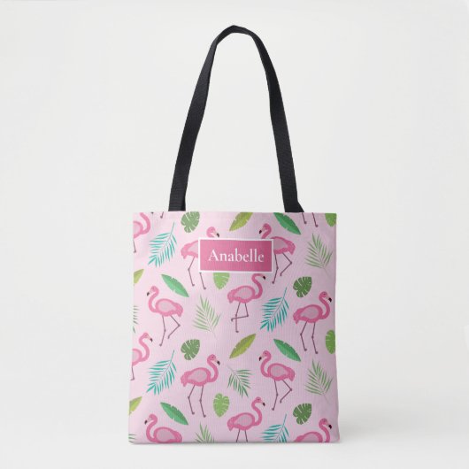 Monogram roze flamingo en tropische bladeren tote bag (Voorkant)
