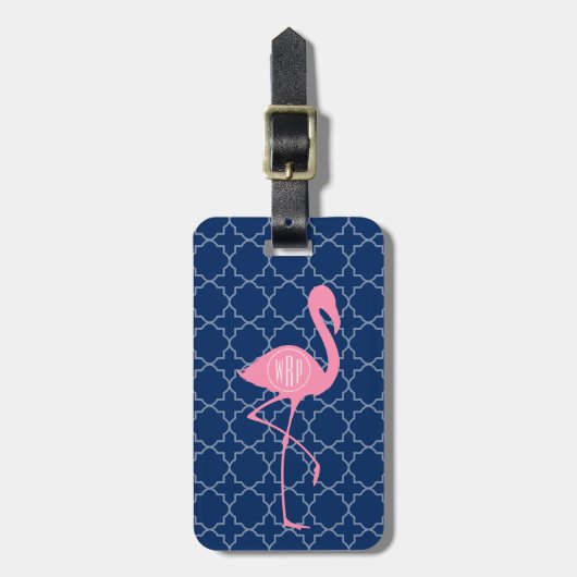Monogram Roze Flamingo Navy Quatrefoil Bagagelabel (Voorkant verticaal)