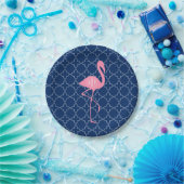 Monogram Roze Flamingo Navy Quatrefoil Papieren Bordje (Feest)