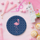 Monogram Roze Flamingo Navy Quatrefoil Papieren Bordje (Feest)