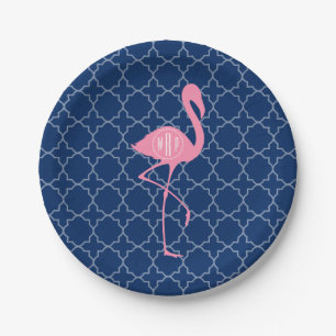 Monogram Roze Flamingo Navy Quatrefoil Papieren Bordje