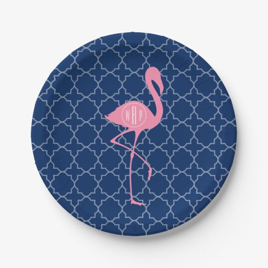 Monogram Roze Flamingo Navy Quatrefoil Papieren Bordje (Voorkant)