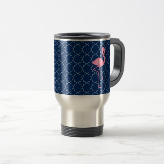 Monogram Roze Flamingo Navy Quatrefoil Reisbeker (Voorkant rechts)