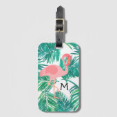 Monogram roze flamingo op tropische bladeren bagagelabel (Voorkant (verticaal))