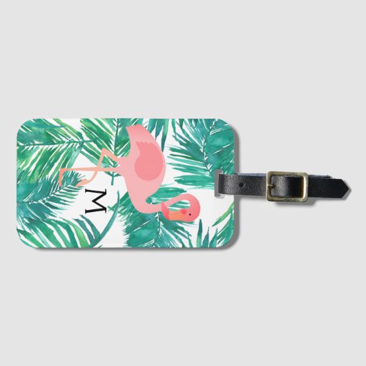 Monogram roze flamingo op tropische bladeren bagagelabel (Voorkant (horizontaal))