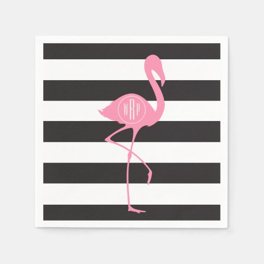 Monogram roze flamingo + zwart + witte strepen servet (Voorkant)