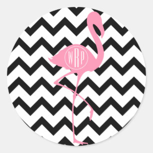 Monogram roze flamingo + zwarte Chevron Ronde Sticker