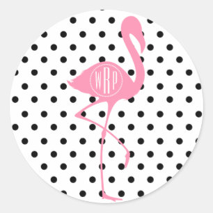 Monogram roze flamingo + zwarte polka dot ronde sticker