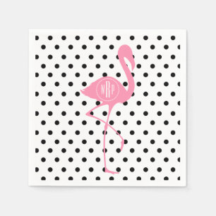 Monogram roze flamingo + zwarte polka dot servetten