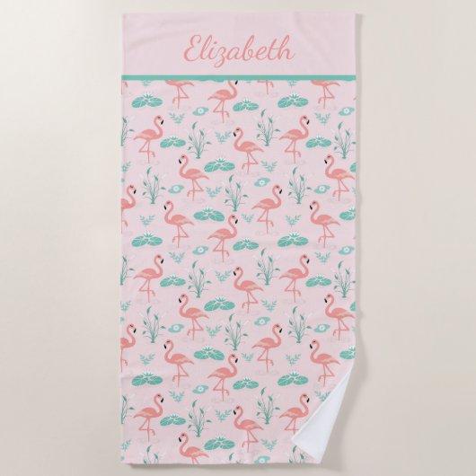 Monogram roze flamingos Green Palm Leaves Tropical Strandlaken (Voorkant)