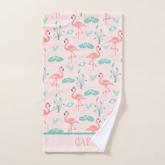 Monogram Roze Flamingo's Groene Palmbladeren Tropi Bad Handdoek (Handdoek)