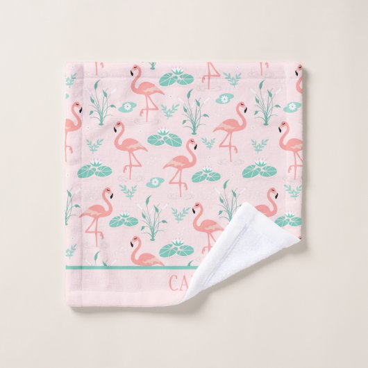 Monogram Roze Flamingo's Groene Palmbladeren Tropi Bad Handdoek (Wasdoekje)