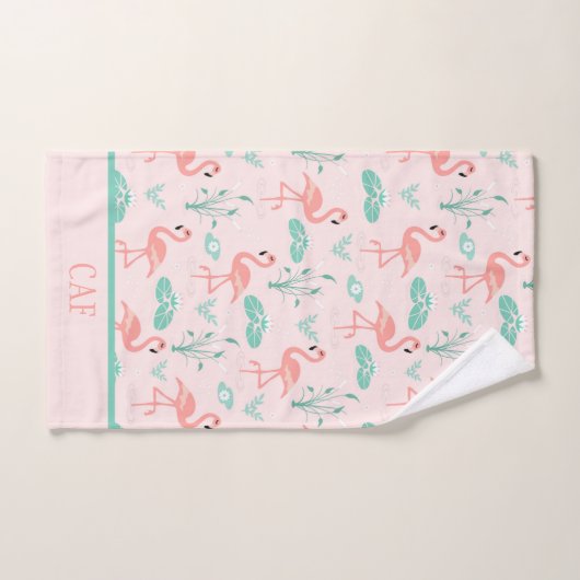 Monogram Roze Flamingo's Groene Palmbladeren Tropi Bad Handdoek (Handdoek)