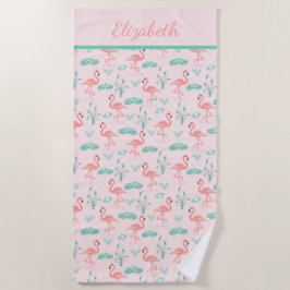 Monogram Roze Flamingo's Groene Palmbladeren Tropi Strandlaken