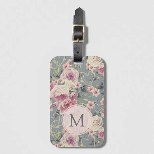Monogram  roze Floral en parells Girly Bagagelabel (Voorkant (verticaal))