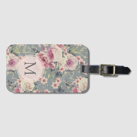 Monogram roze Floral en parells Girly Bagagelabel (Voorkant (horizontaal))
