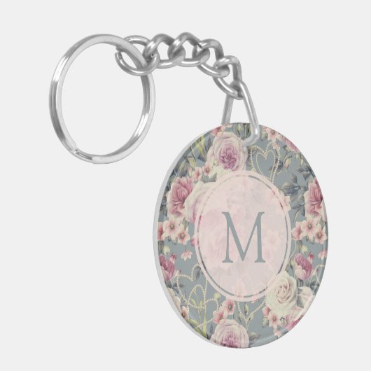 Monogram  roze Floral en parells Girly Sleutelhanger (Voorkant Links)