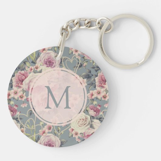 Monogram  roze Floral en parells Girly Sleutelhanger (Achterkant)