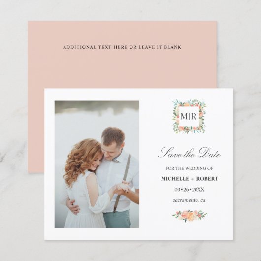 Monogram Roze Floral Foto Weddenschap BEWAART DE D (Voorkant / Achterkant)