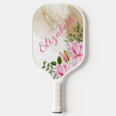 Monogram roze Floral Green Leaves Gold Swirl Women Pickleball Paddle (Achterkant)