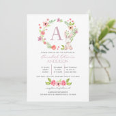 Monogram Roze Floral Greenery Baptism Girl Kaart (Staand voorkant)