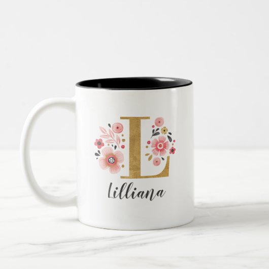 Monogram Roze Floral Initiaal Letter L Tweekleurige Koffiemok (Links)