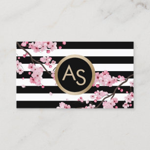 Monogram Roze Floral Modern Stripes Beauty Salon Visitekaartje