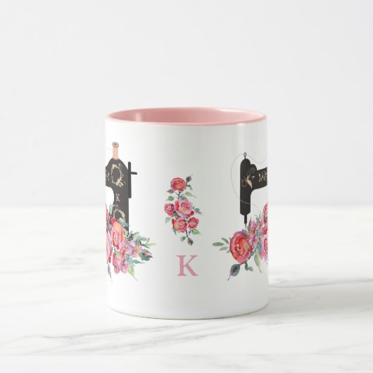 Monogram roze Floral naaimachine Mok (Midden)