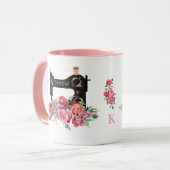 Monogram roze Floral  naaimachine Mok (Voorkant links)