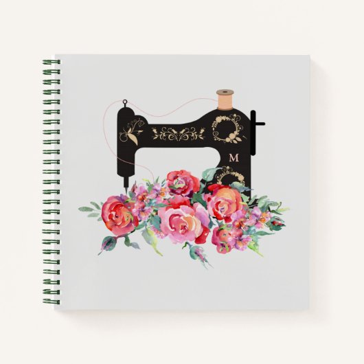 Monogram roze Floral  naaimachine Notitieboek (Voorkant)