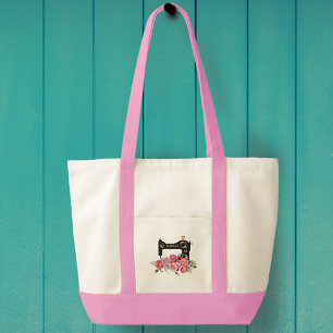 Monogram roze Floral naaimachine Tote Bag