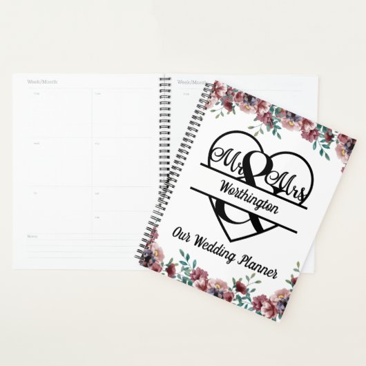 Monogram Roze Floral Name Heart Wedding Planner (Display)