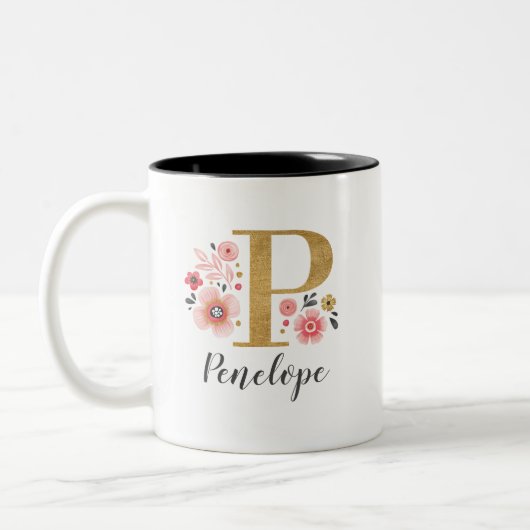 Monogram Roze Floral Tweekleurige Koffiemok (Links)