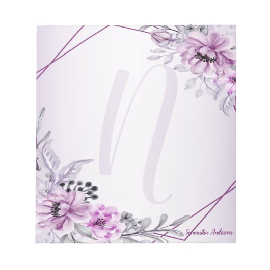 Monogram Roze Floral Violet Paars Lijst Modern Notitieblok (Voorkant)