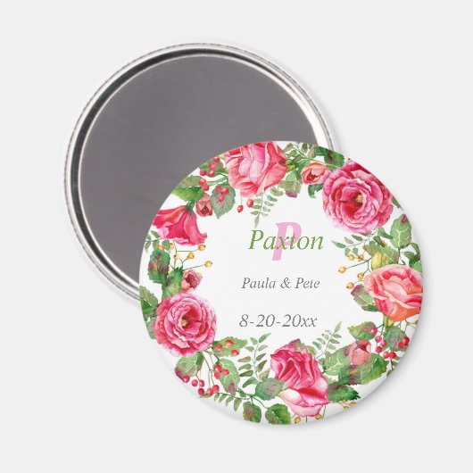 Monogram Roze Floral Wedding Magneet (Voorkant / Achterkant)