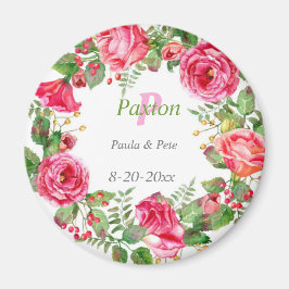 Monogram Roze Floral Wedding Magneet
