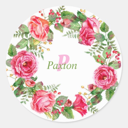 Monogram Roze Floral Wedding Ronde Sticker (Voorkant)